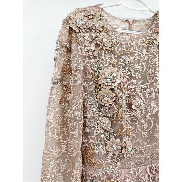 Mac Duggal 11121 Mocha Embellished Long Sleeve Illusion A-Line Gown Size 6 - Picture 6 of 10